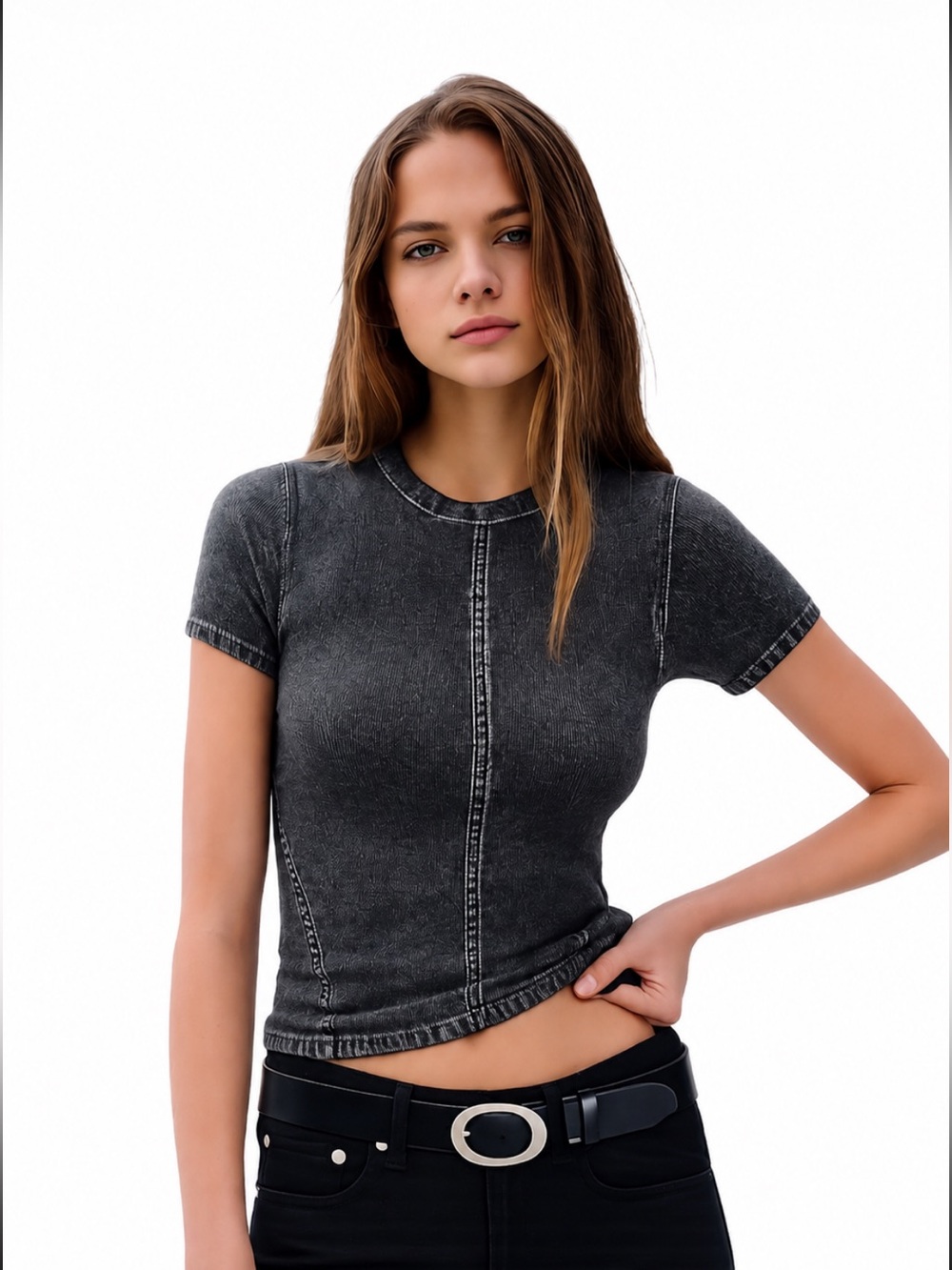 NWT Rag & Bone Miramar Jersey Baby Tee Washed Black Denim Stretch Top Medium
